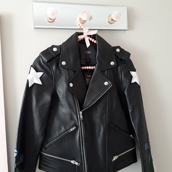 NWT Maje black leather patch embroidered “Dream Tomorrow” moto biker jacket, S - Picture 12 of 15